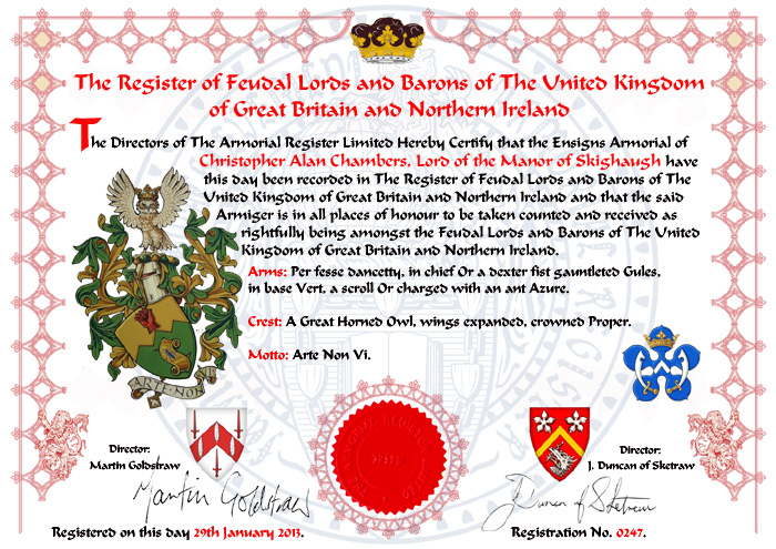 Certificate of The
                                                Register of Feudal Lords
                                                and Barons of The United
                                                Kingdom of Great Britain
                                                and Northern Ireland